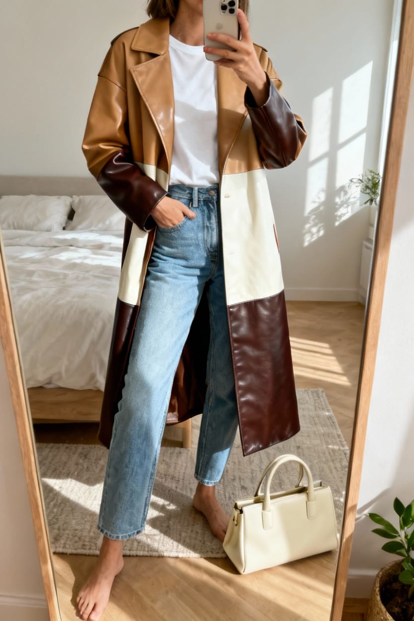 Color-Blocked Leather Coat With Neutral Basics