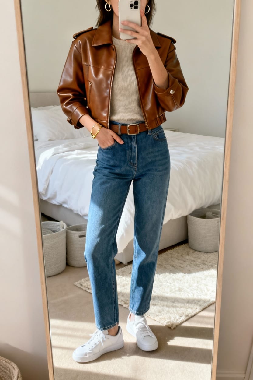 Cropped Brown Leather Jacket with High-Waisted Bottoms