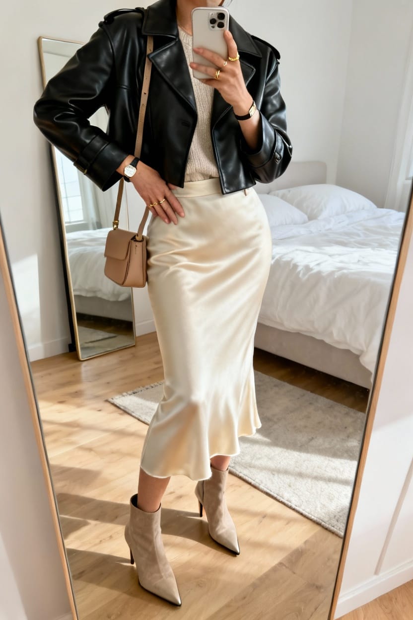 Cropped Leather Coat With High-Waisted Skirt