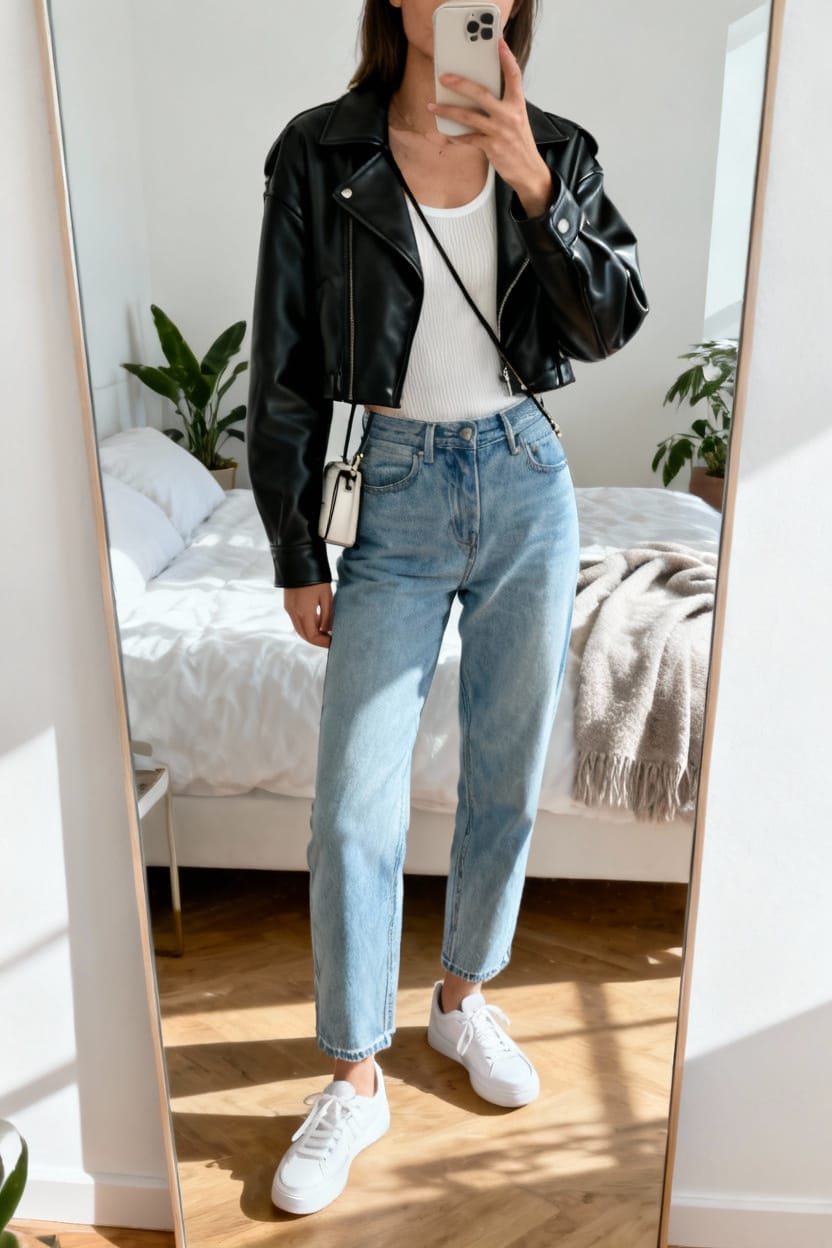 Cropped Leather Jacket with High-Rise Mom Jeans