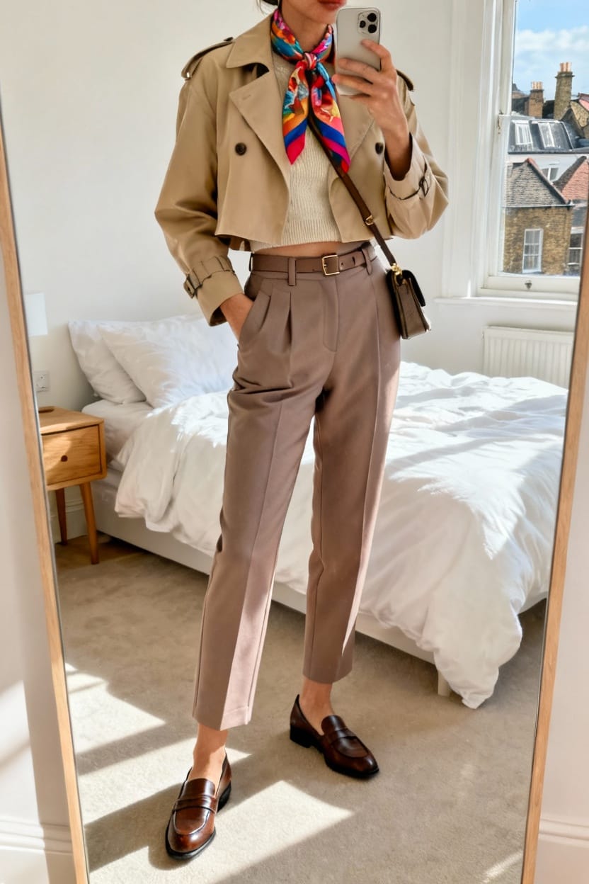 Cropped Trench Coat With High-Waisted Tailored Trousers