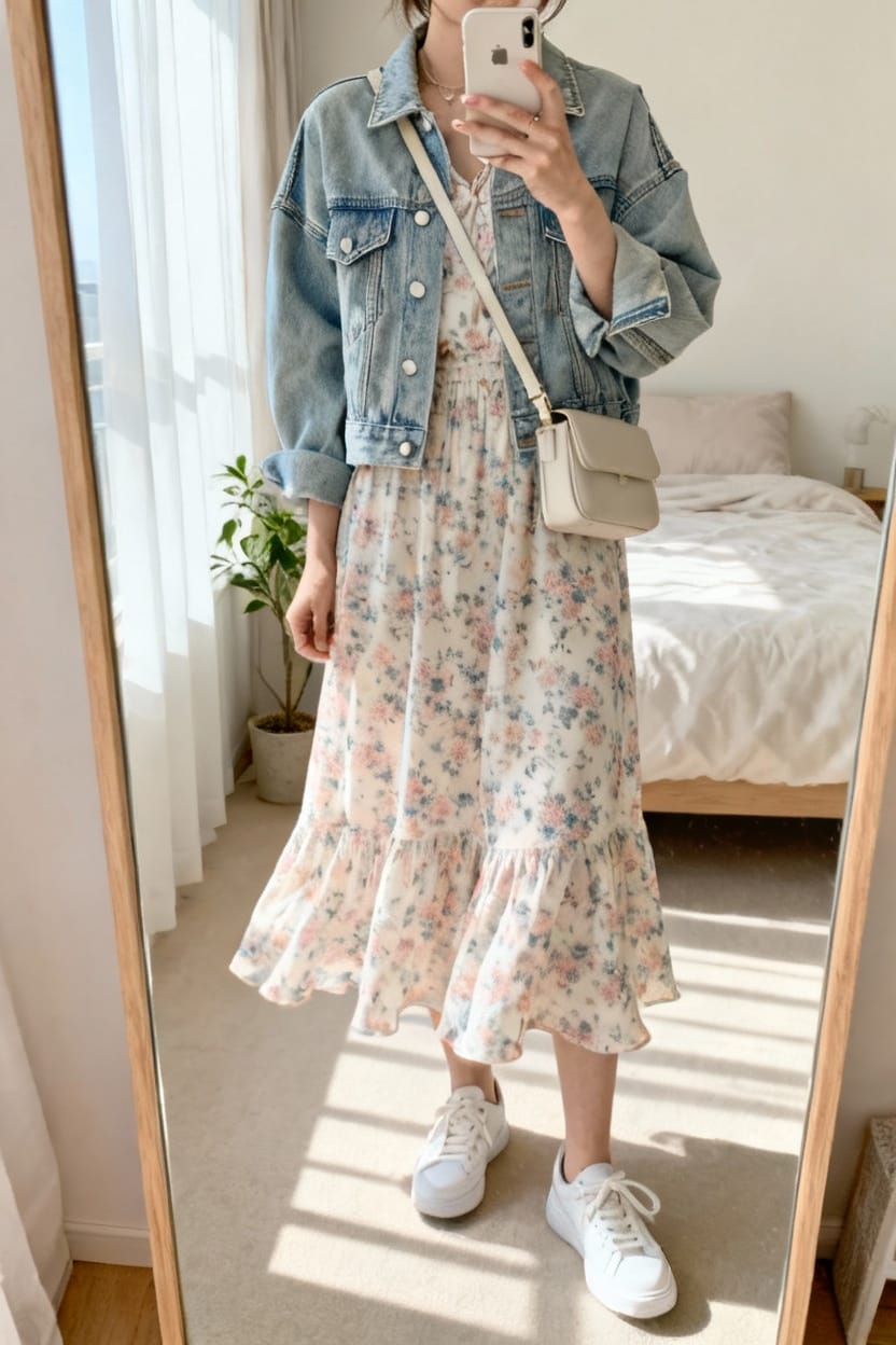 Denim Jacket Over Floral Dress