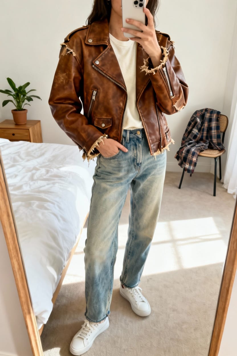 Distressed Vintage-Style Brown Leather Jacket