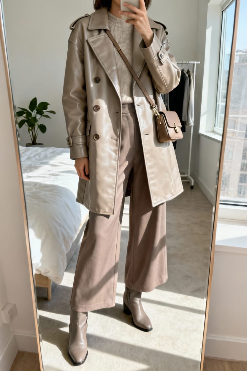 Double-Breasted Leather Coat With Wide-Leg Trousers