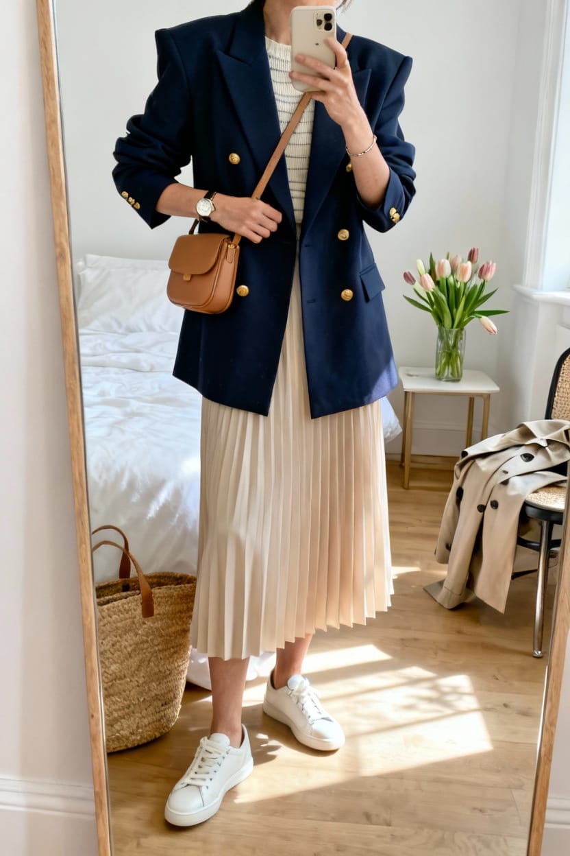 Double-Breasted Navy Blazer With Pleated Midi Skirt