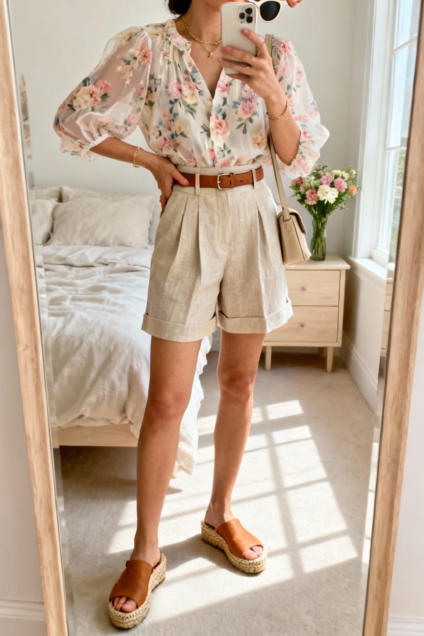 Floral Blouse And Tailored Shorts