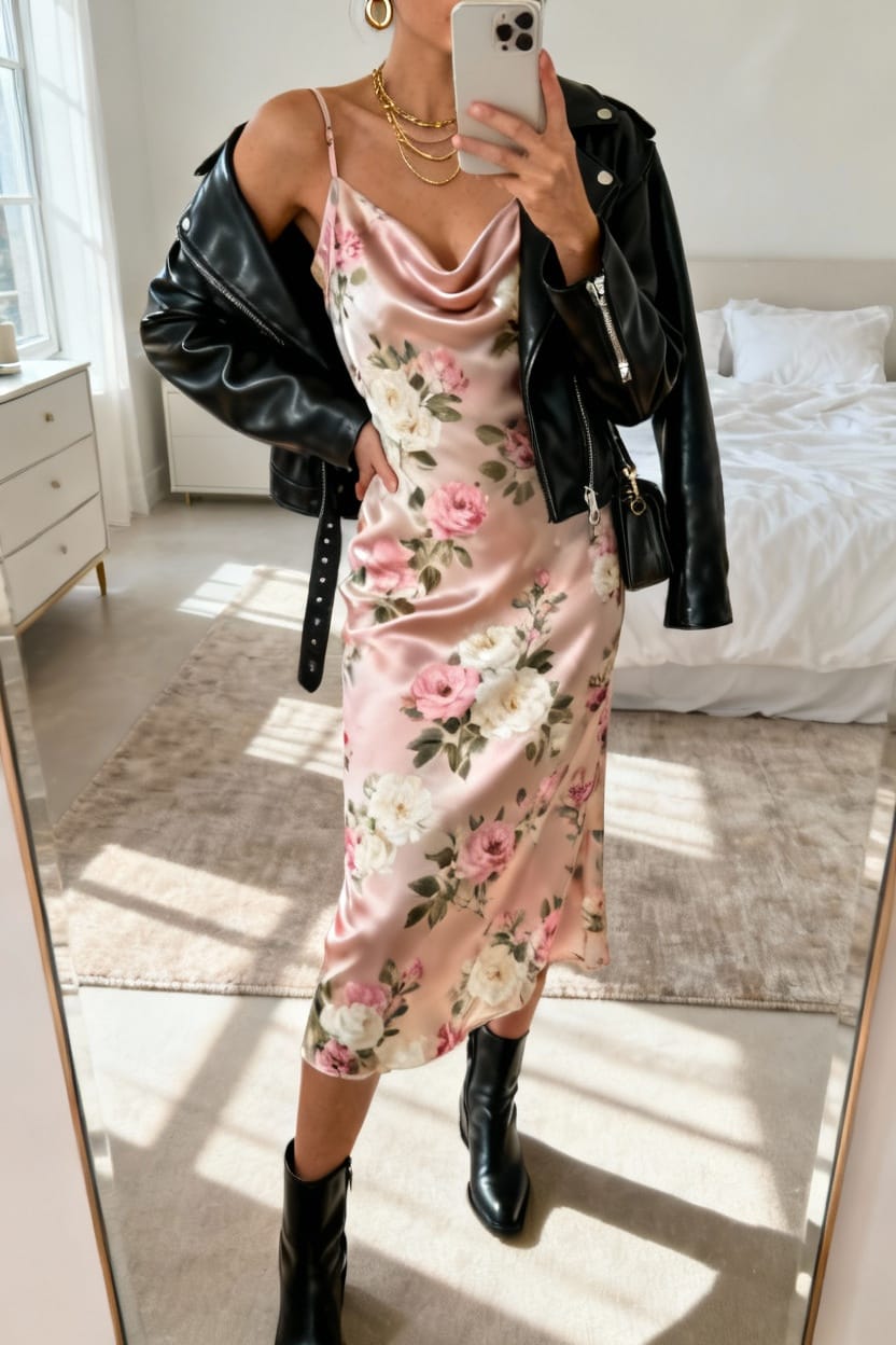Floral Slip Dress With Leather Jacket