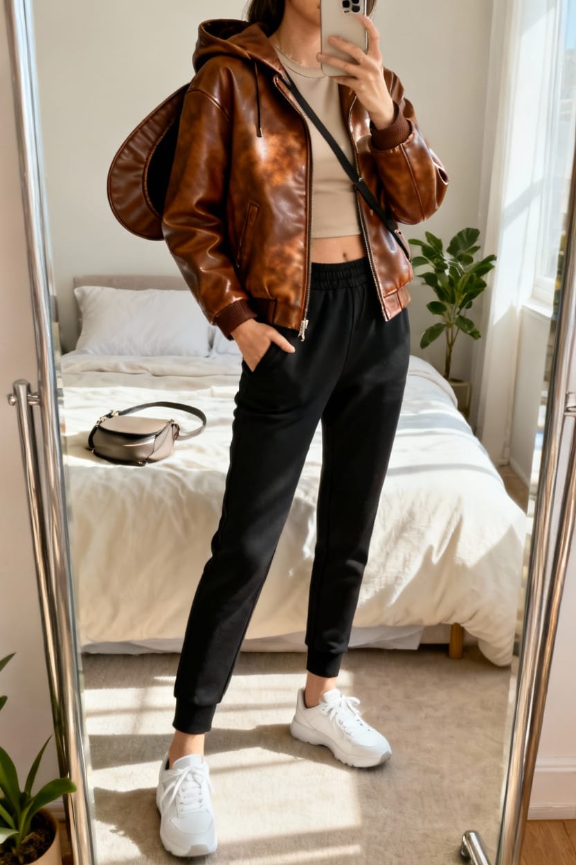 Hooded Brown Leather Jacket with Athleisure Basics