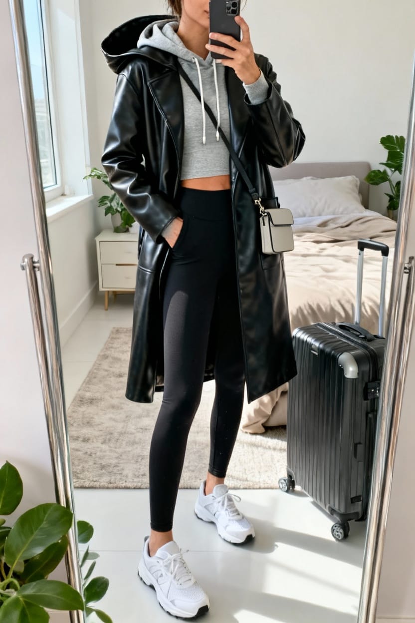 Hooded Leather Coat With Athleisure Layers
