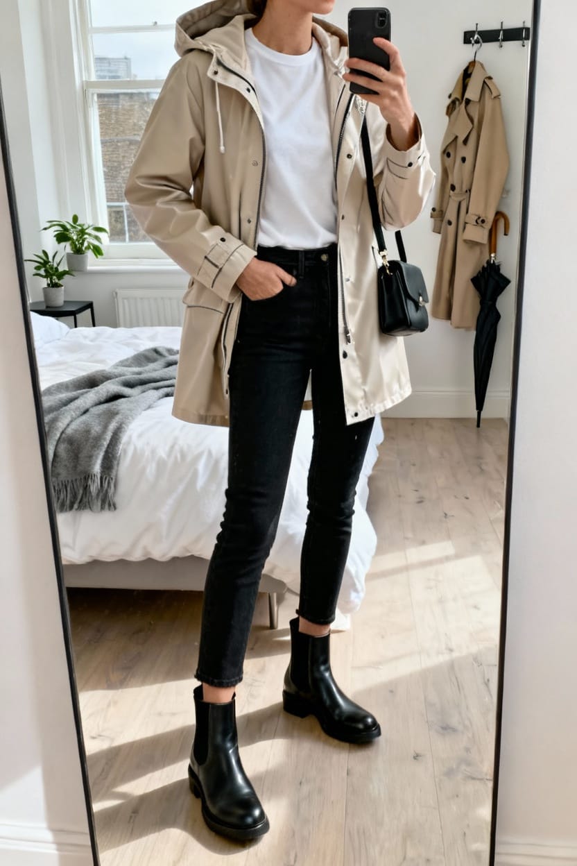 Hooded Rain Mac With Slim Black Jeans and Chelsea Boots