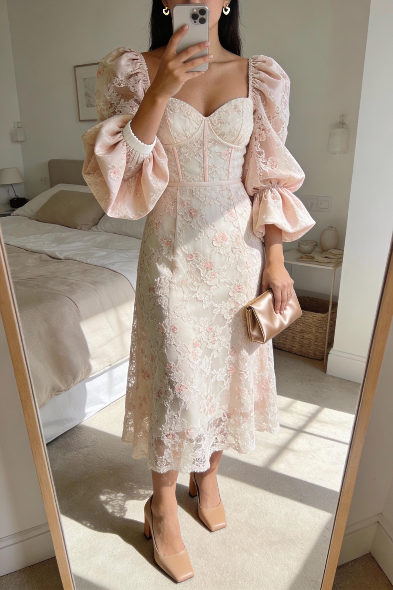 Lace midi dress with statement sleeves