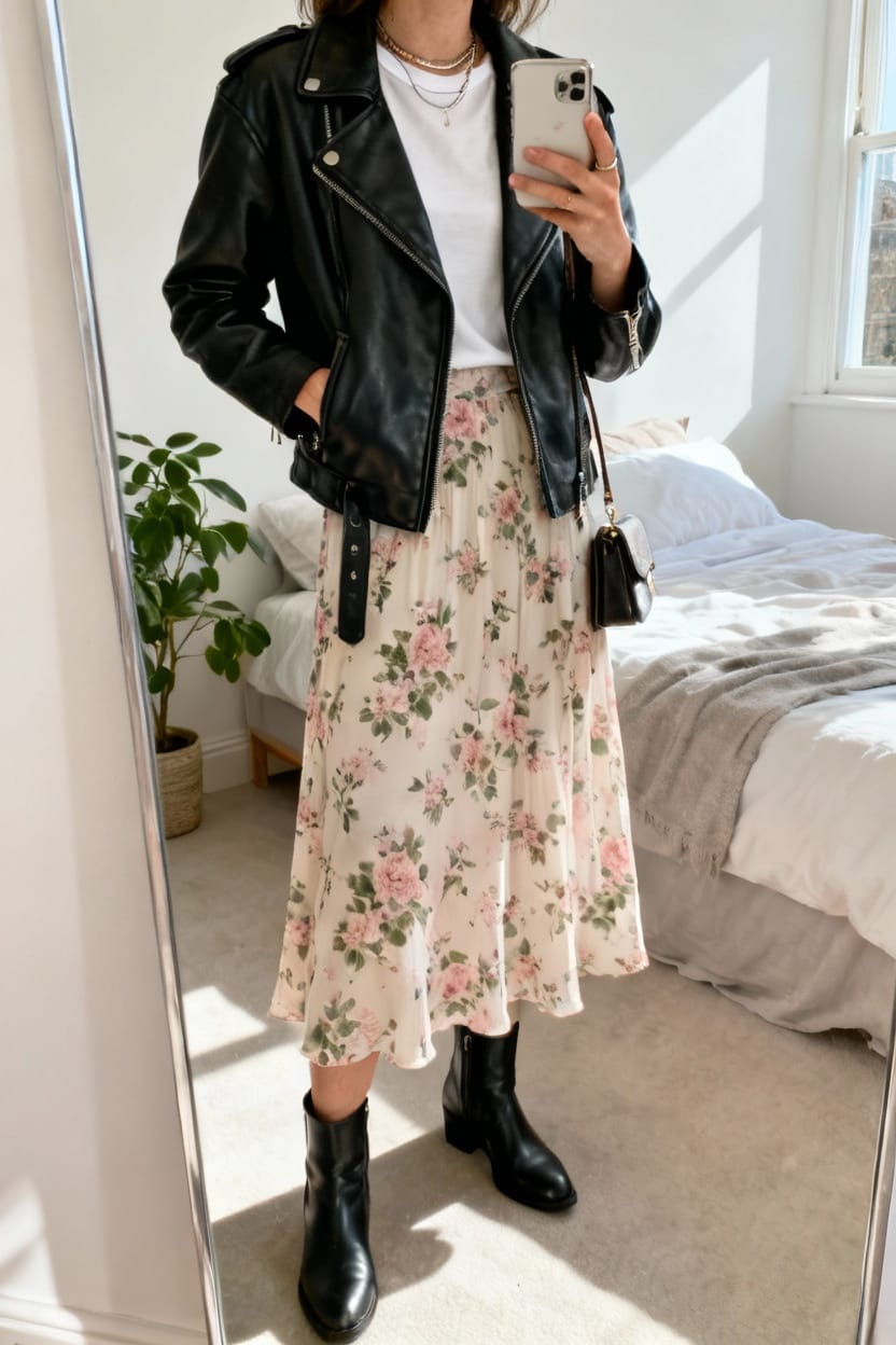 Leather Biker Jacket With Floral Midi Skirt
