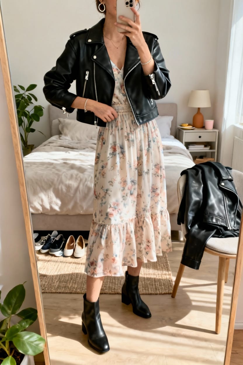 Leather Jacket Over a Midi Dress and Ankle Boots