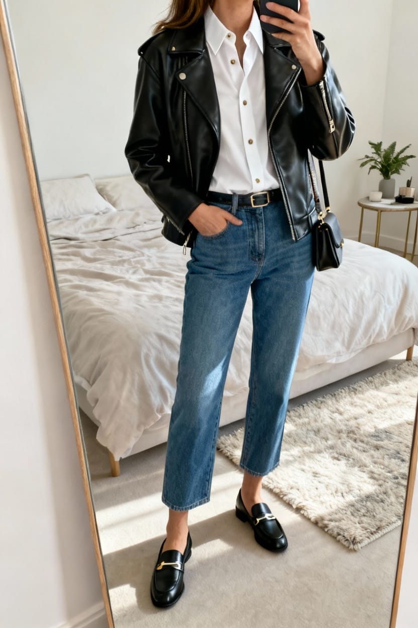 Leather Jacket with Button-Down Shirt and Straight-Leg Jeans