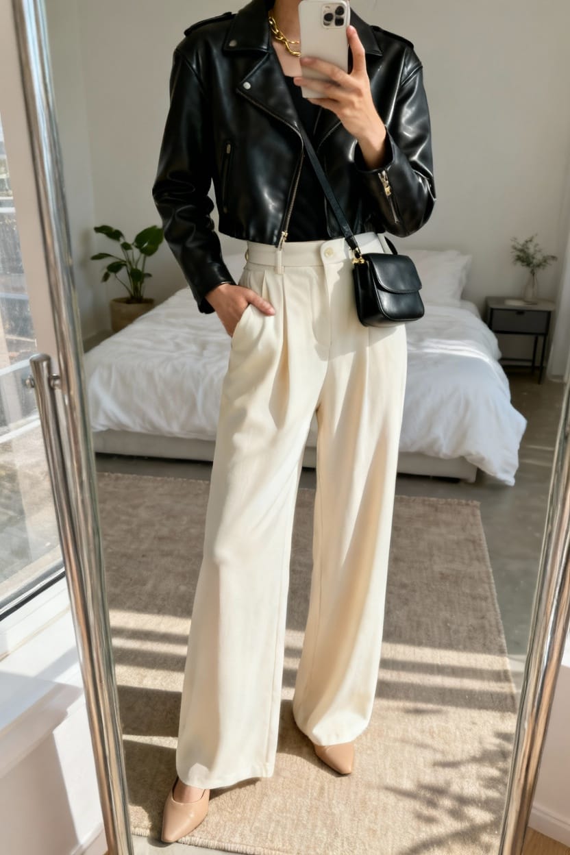 Leather Jacket with High-Waisted Wide-Leg Trousers