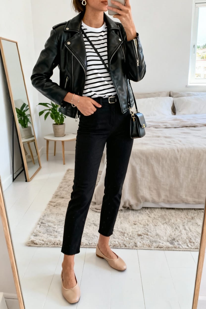 Leather Jacket with Striped Top and Cropped Trousers