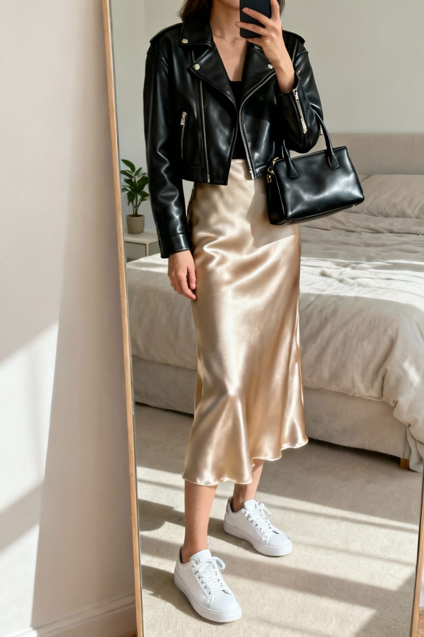Leather Moto Jacket with Slip Skirt and Sneakers