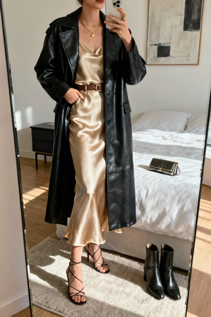 Long Leather Coat Over Slip Dress