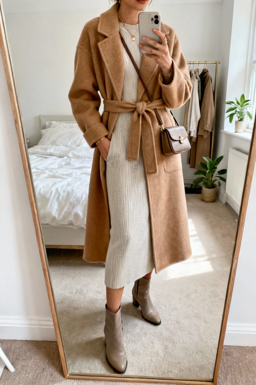 Longline Belted Wool-Blend Coat With Knit Midi Dress