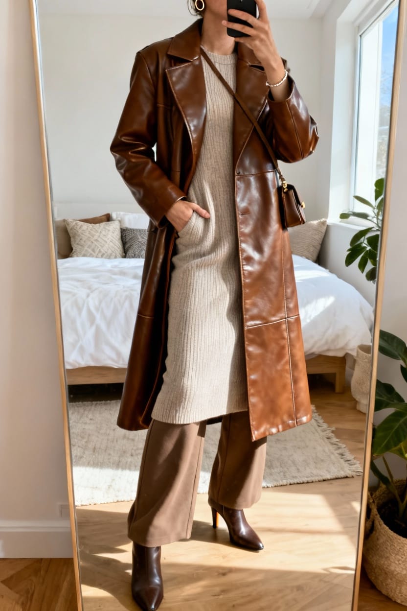 Longline Brown Leather Coat for Layering