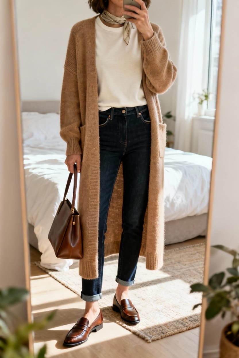 Longline Cardigan With Slim Jeans and Loafers