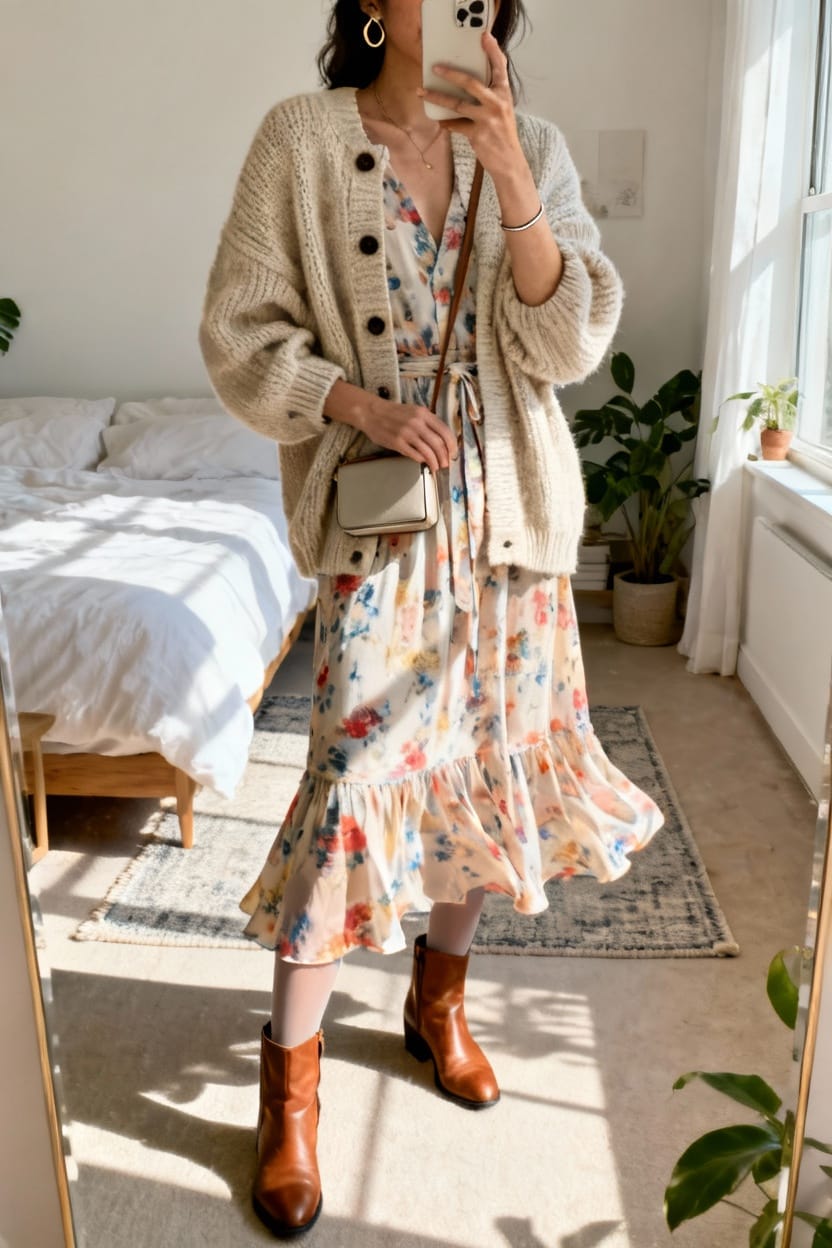 Midi Dress With Chunky Cardigan