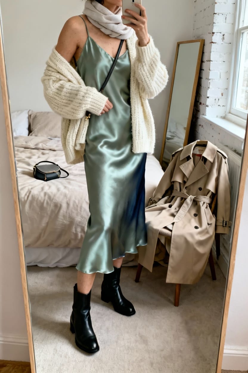 Midi Slip Dress With Chunky Knit Cardigan