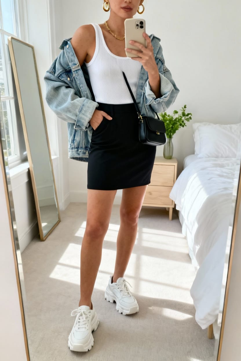 Mini Skirt And Oversized Denim Jacket