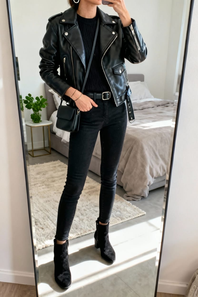 Monochrome Leather Jacket Outfit in All Black
