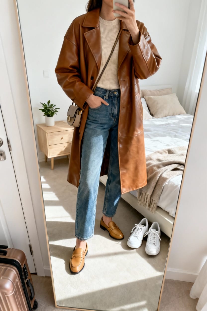 Oversized Brown Leather Coat With Blue Jeans