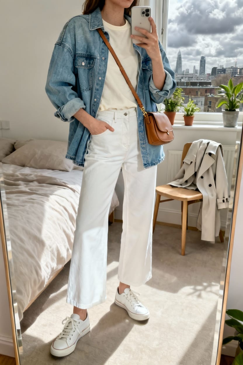 Oversized Denim Jacket With White Wide-Leg Jeans
