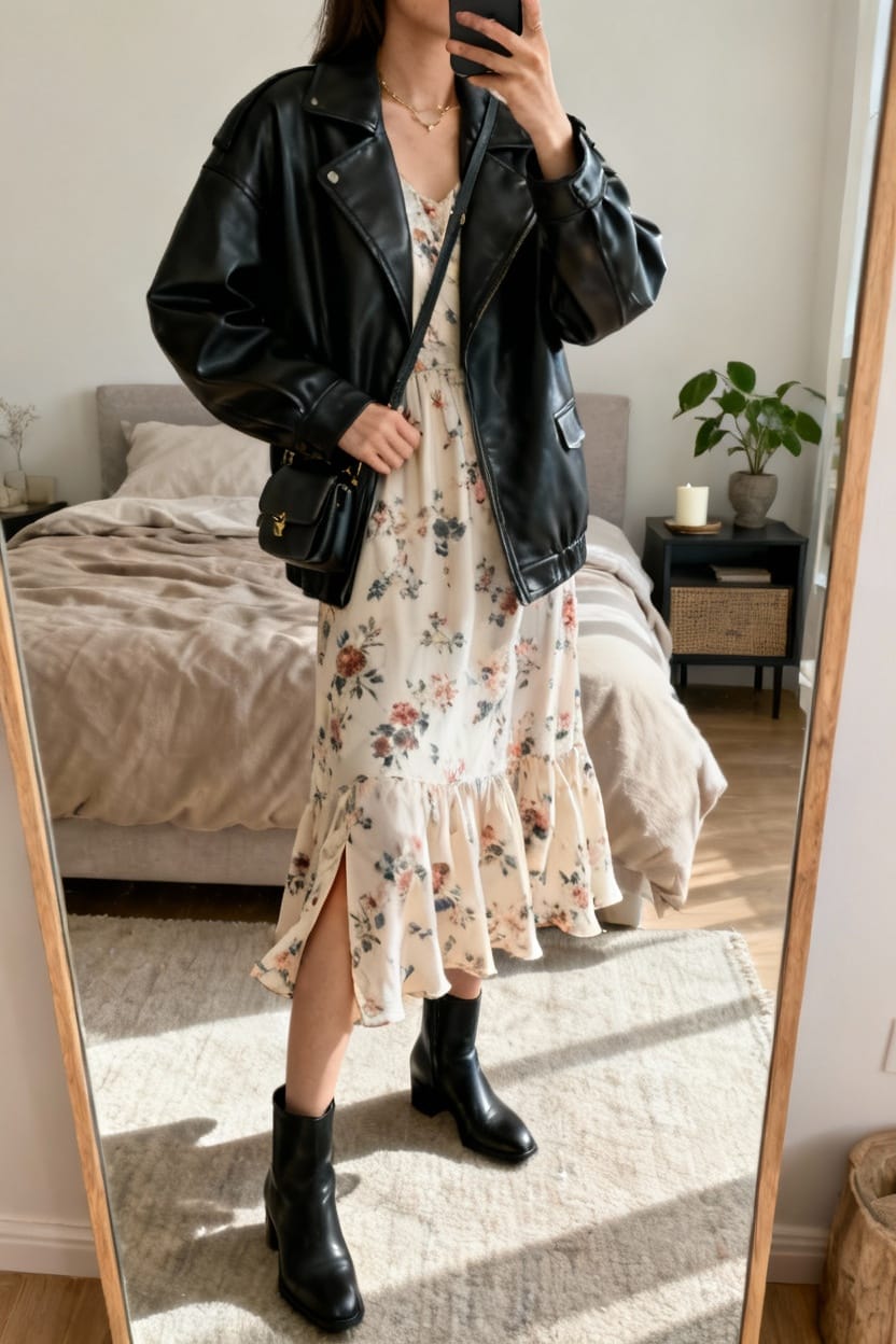Oversized Leather Jacket Over A Floral Midi Dress