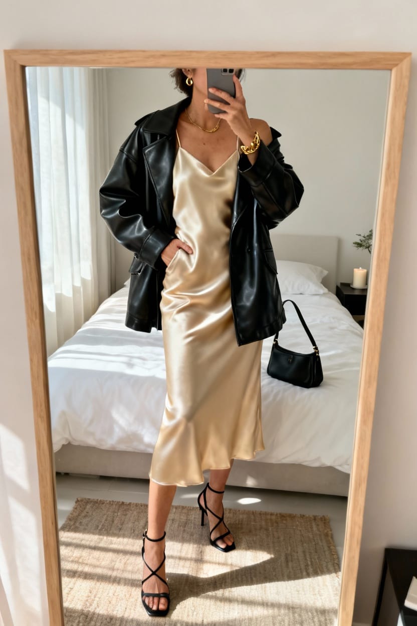 Oversized Leather Jacket Over A Satin Slip Dress