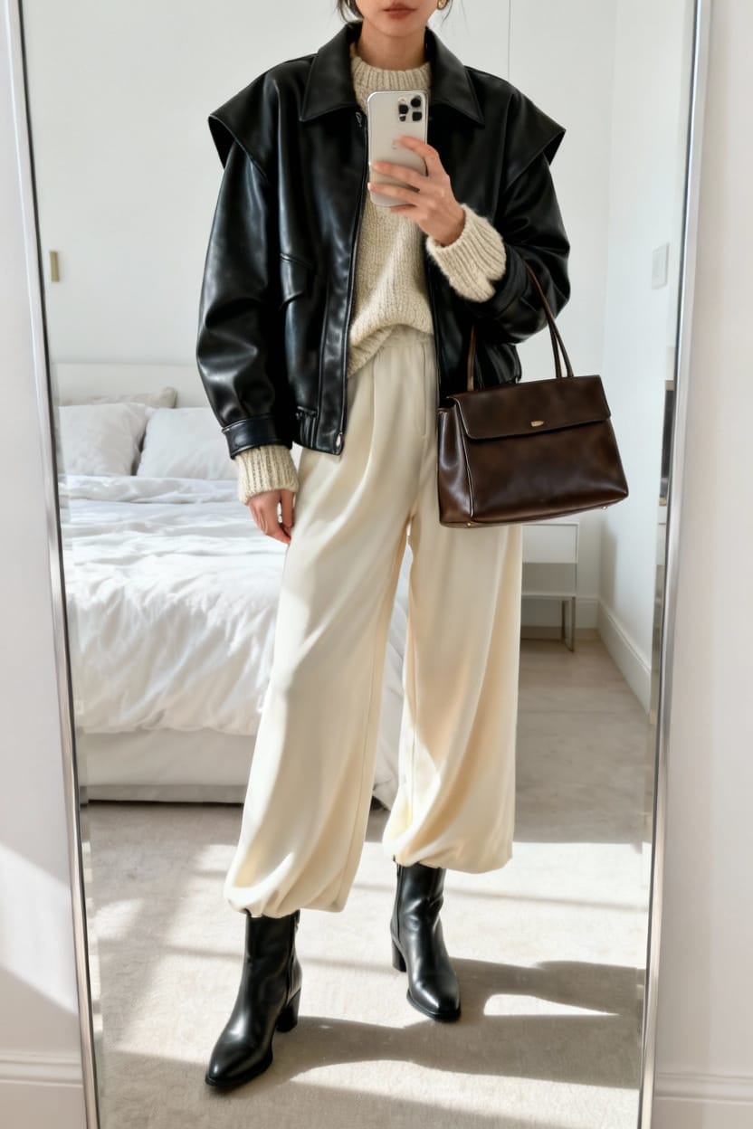 Oversized Leather Jacket Over Chunky Knit And Wide-Leg Pants