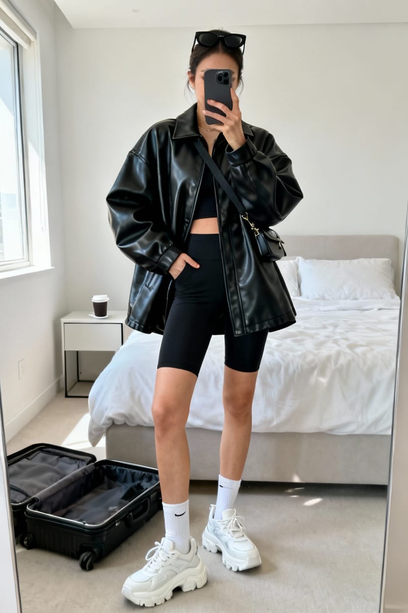 Oversized Leather Jacket With Biker Shorts And Chunky Sneakers