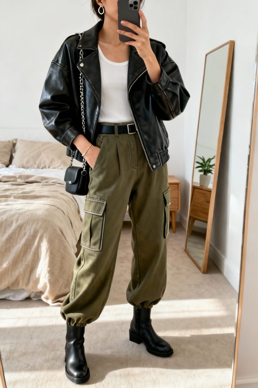 Oversized Leather Jacket With High-Waisted Cargo Pants