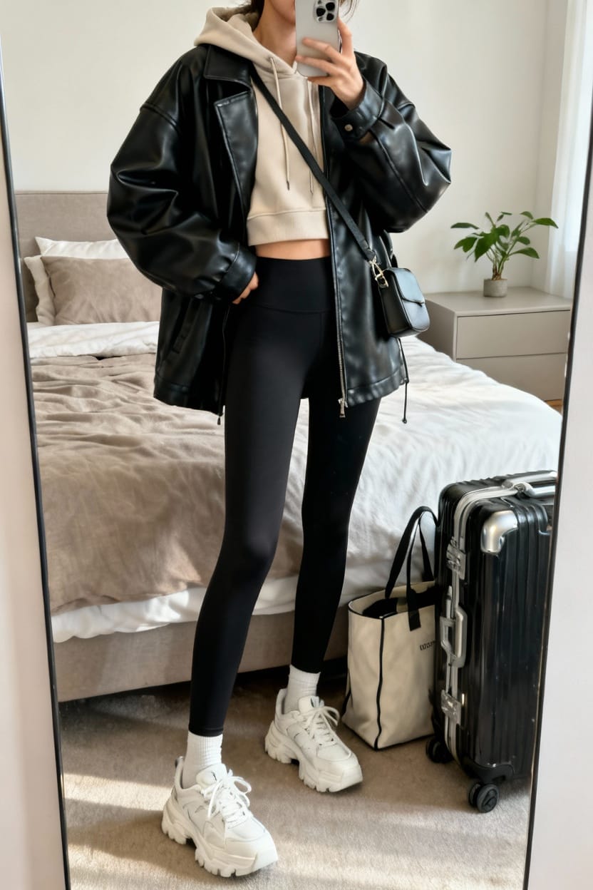 Oversized Leather Jacket With Hoodie And Leggings