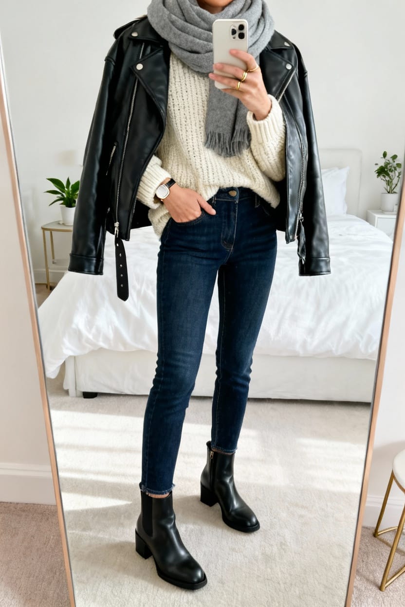 Oversized Leather Jacket with Knit Sweater and Skinny Jeans