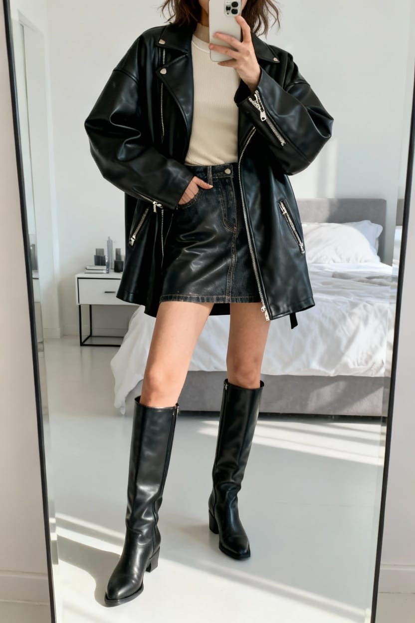 Oversized Leather Jacket With Mini Skirt And Knee-High Boots