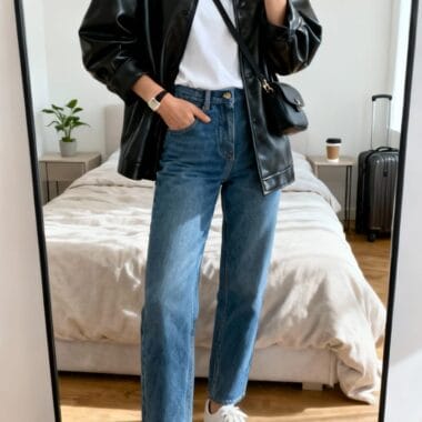 Oversized Leather Jacket With White Tee And Straight-Leg Jeans