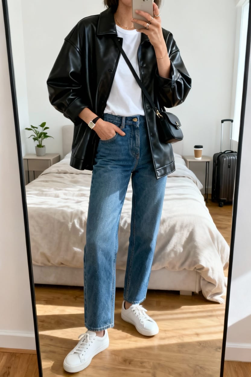 Oversized Leather Jacket With White Tee And Straight-Leg Jeans