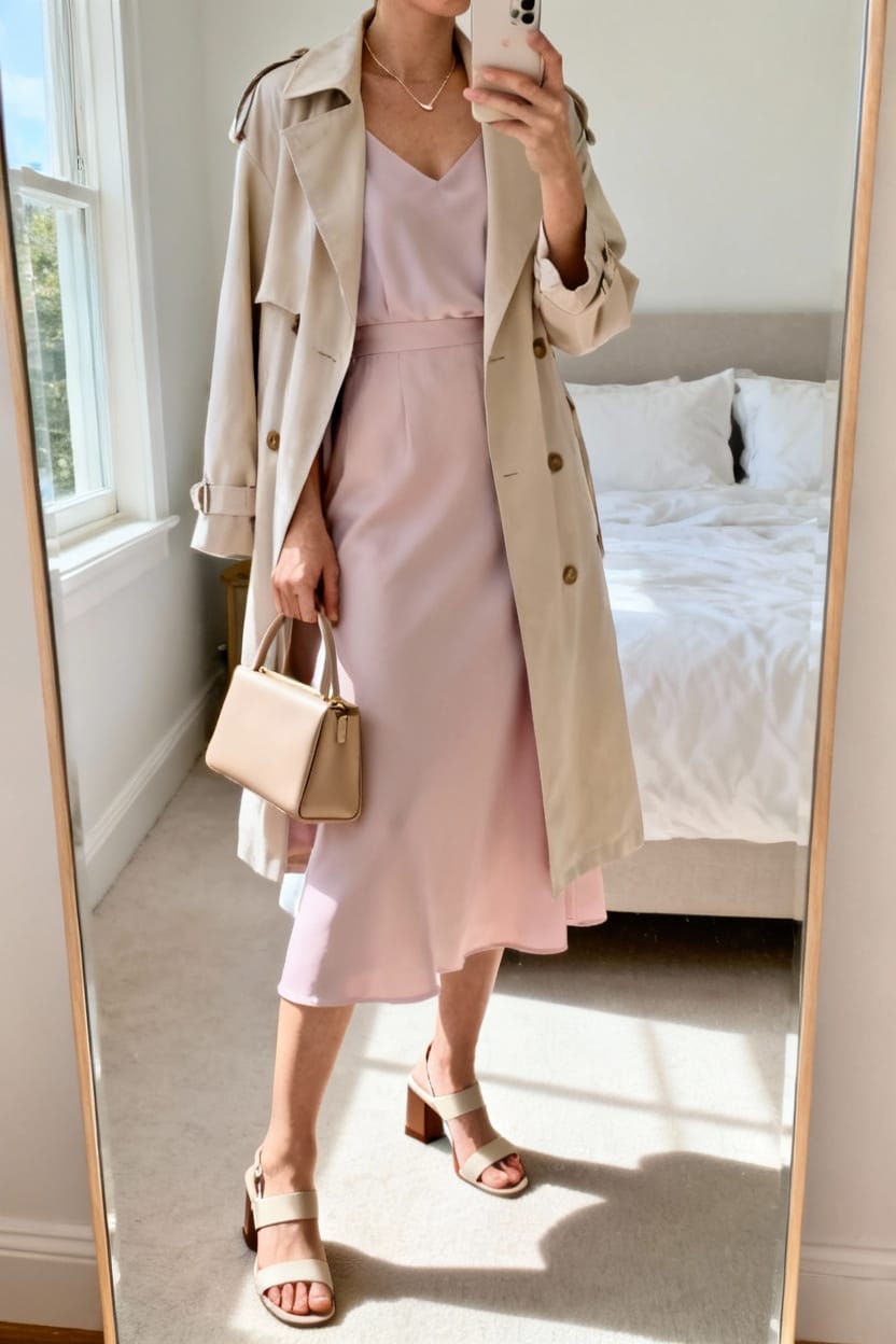 Pastel Midi Dress With Lightweight Trench