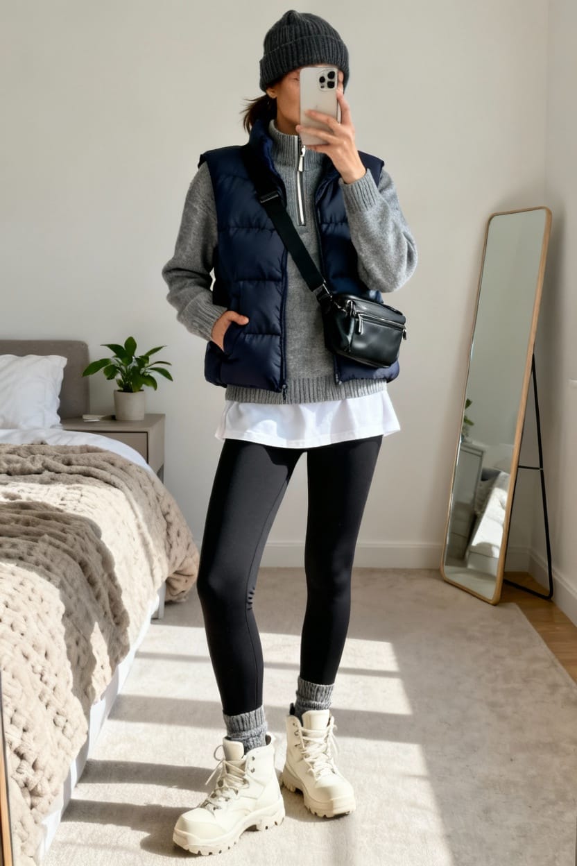 Puffer Vest Over Ribbed Knit and Leggings