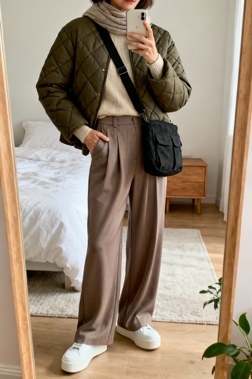 Quilted Jacket With Wide-Leg Trousers