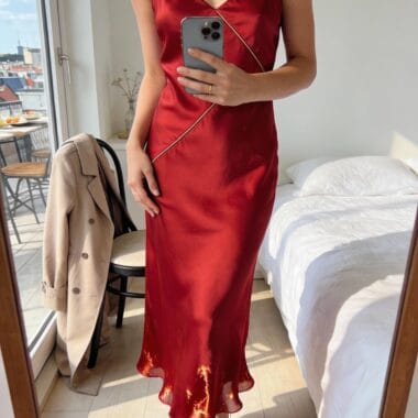 Red silk slip dress