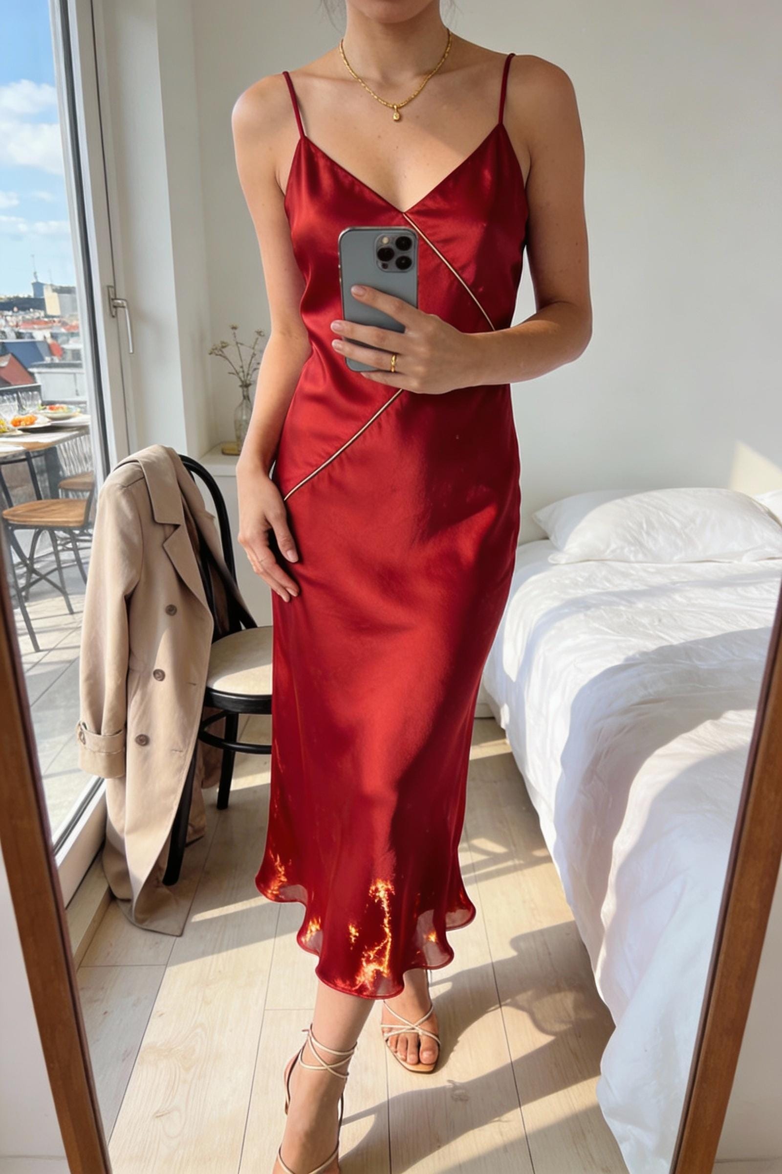Red silk slip dress