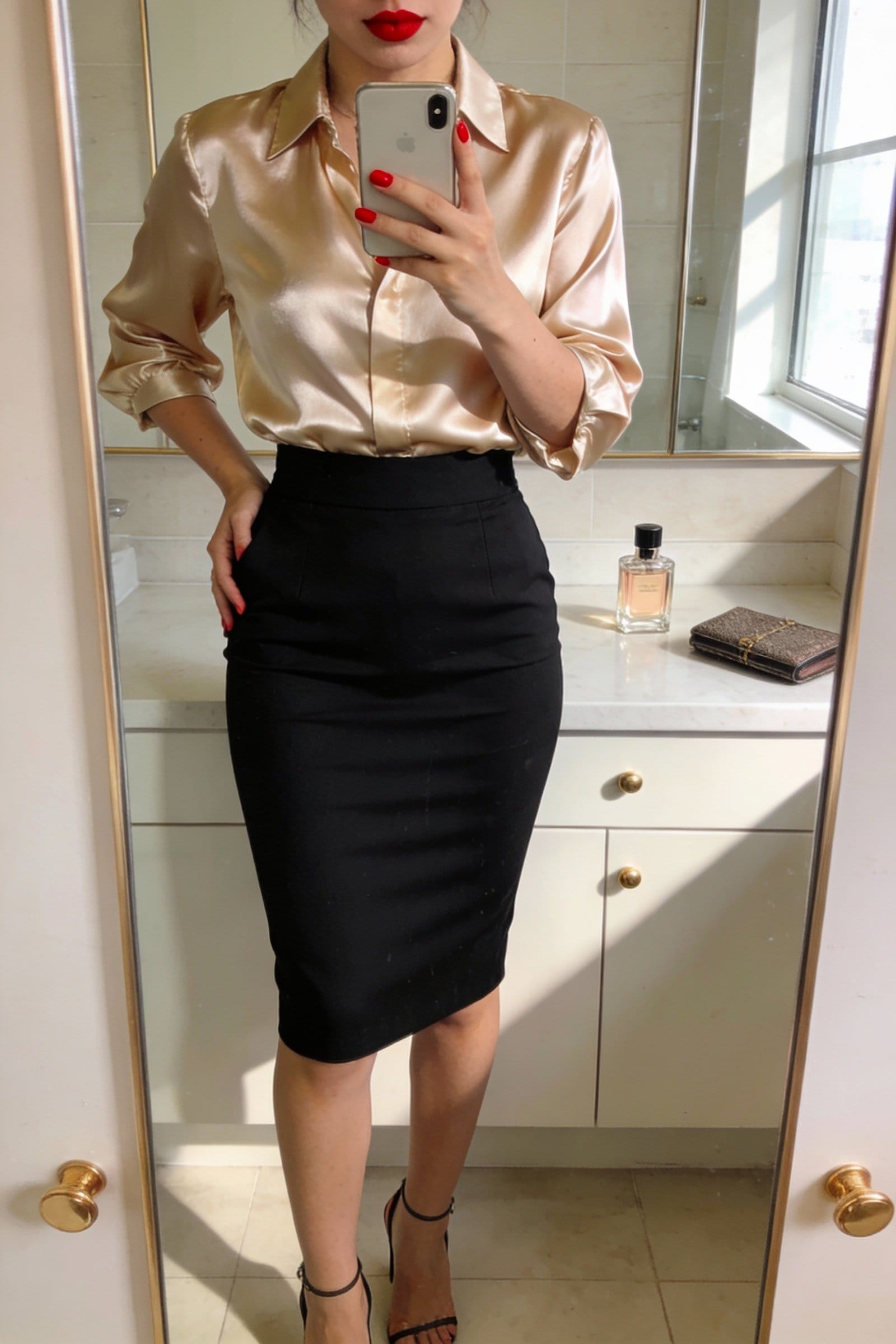 Satin blouse tucked into a high-waist pencil skirt