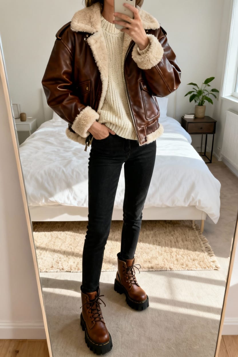 Shearling-Lined Brown Leather Aviator Jacket