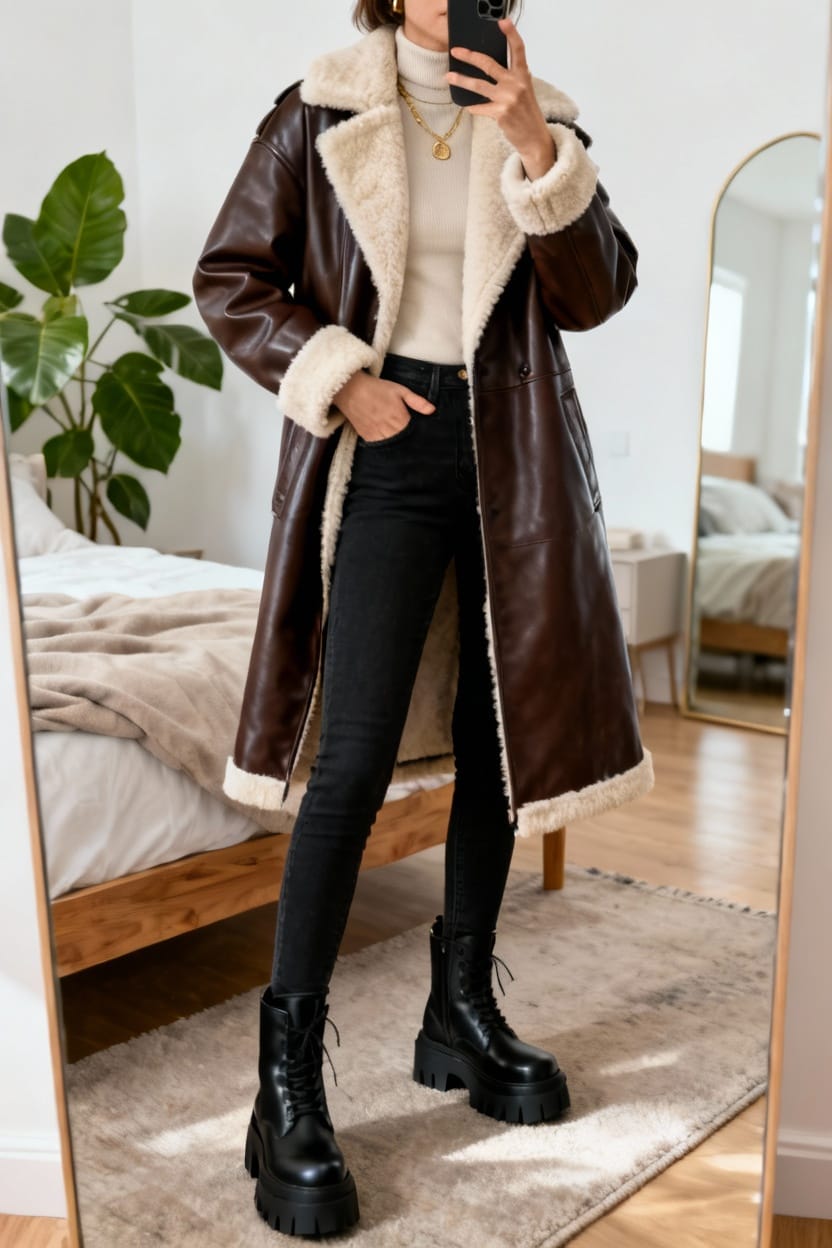 Shearling-Trim Leather Coat With Chunky Boots