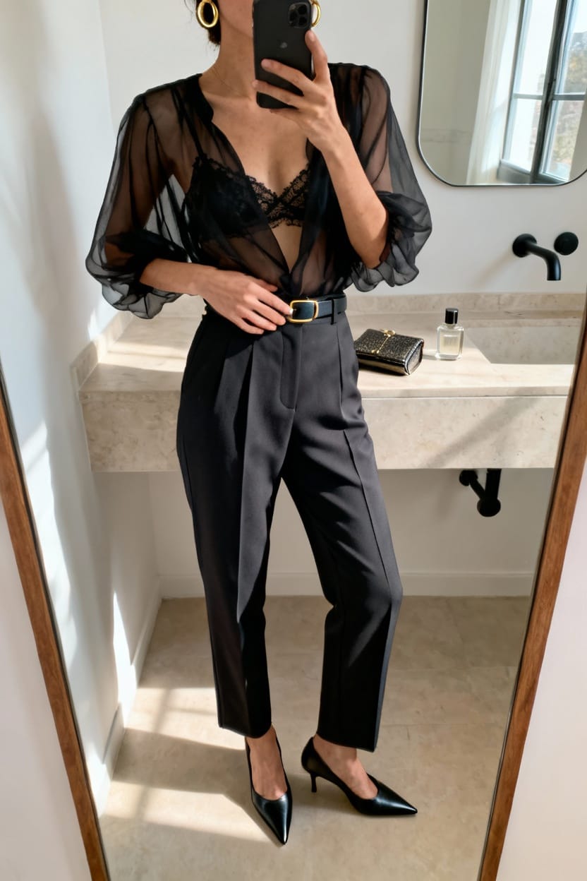 Sheer Blouse And Tailored Trousers